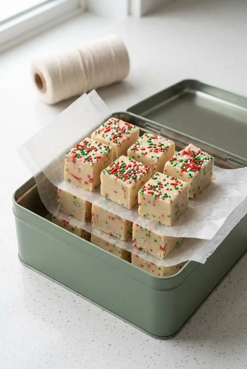 Sugar cookie fudge squares layered between wax paper inside an open metal holiday gift tin.