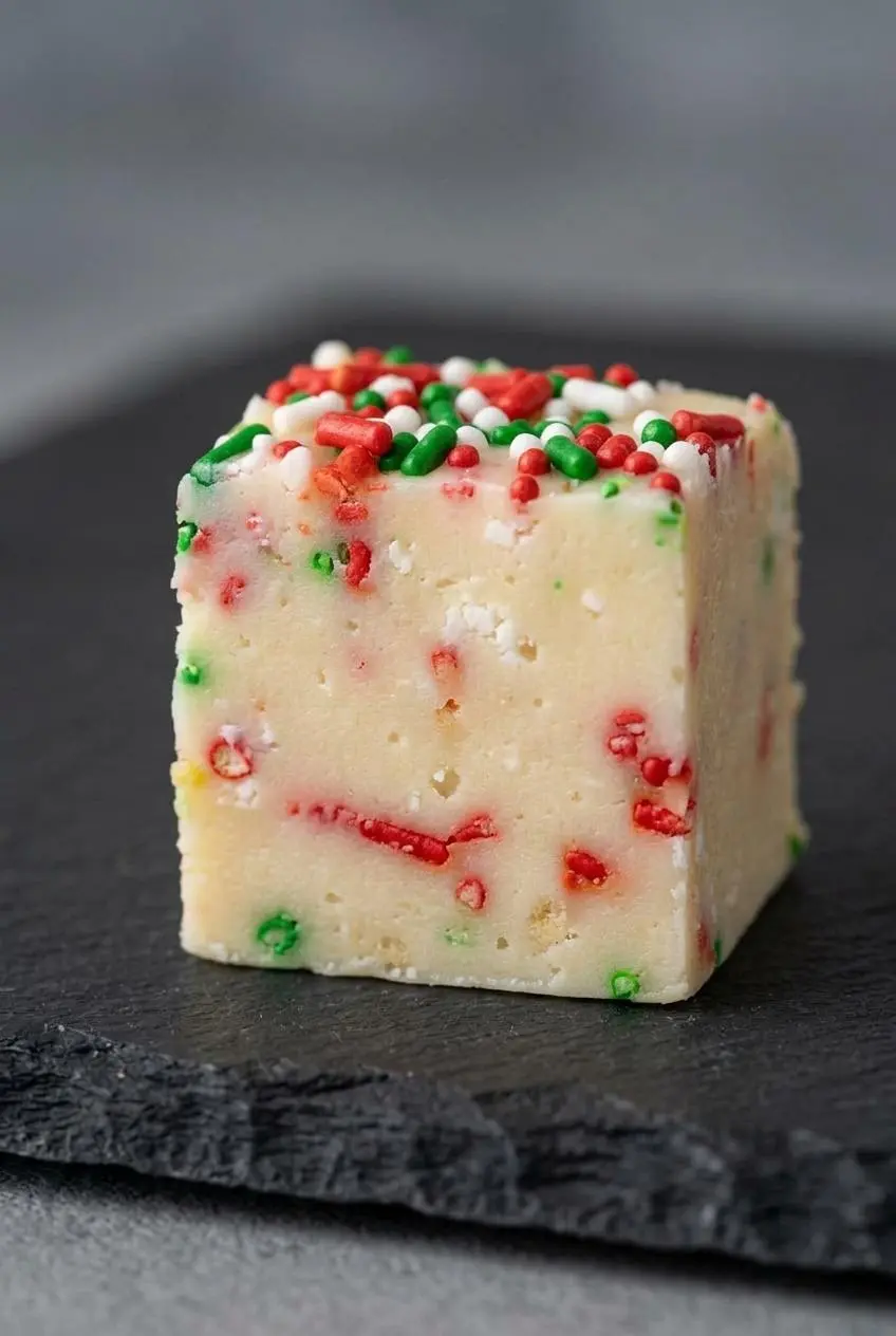 Macro cross section of a dense sugar cookie fudge slice showing distinct holiday sprinkles without bleeding.