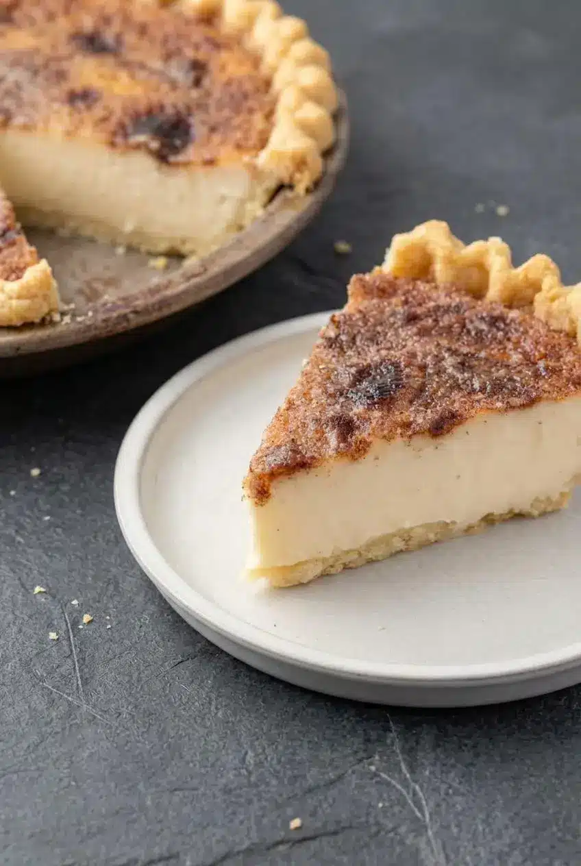 Close-up of a cleanly cut slice of chilled sugar cream pie showing firm vanilla custard and flaky bottom crust.