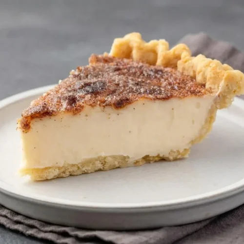 Finished sugar cream pie recipe with velvety vanilla filling, flaky pastry crust, and caramelized cinnamon sugar top.