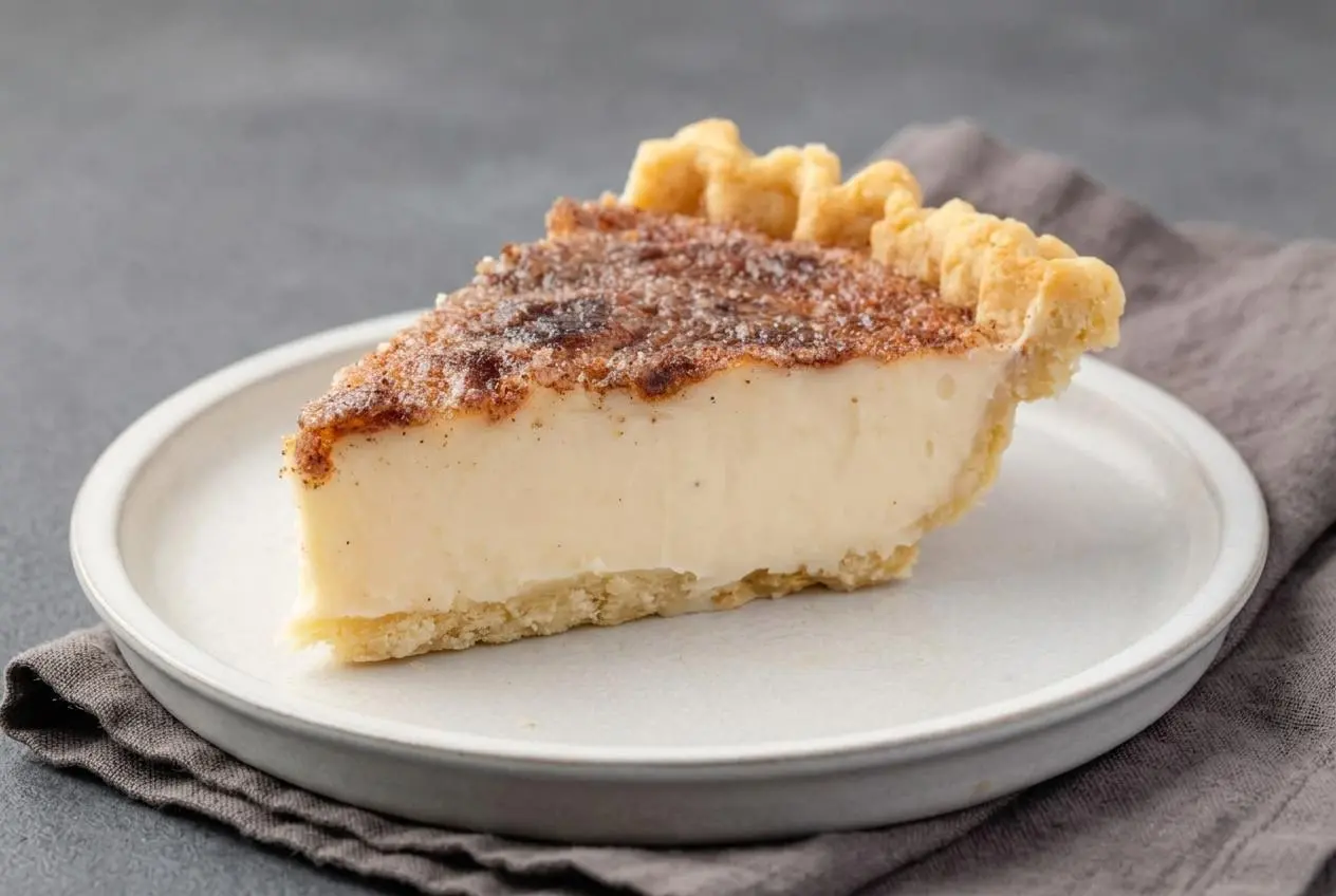 Finished sugar cream pie recipe with velvety vanilla filling, flaky pastry crust, and caramelized cinnamon sugar top.