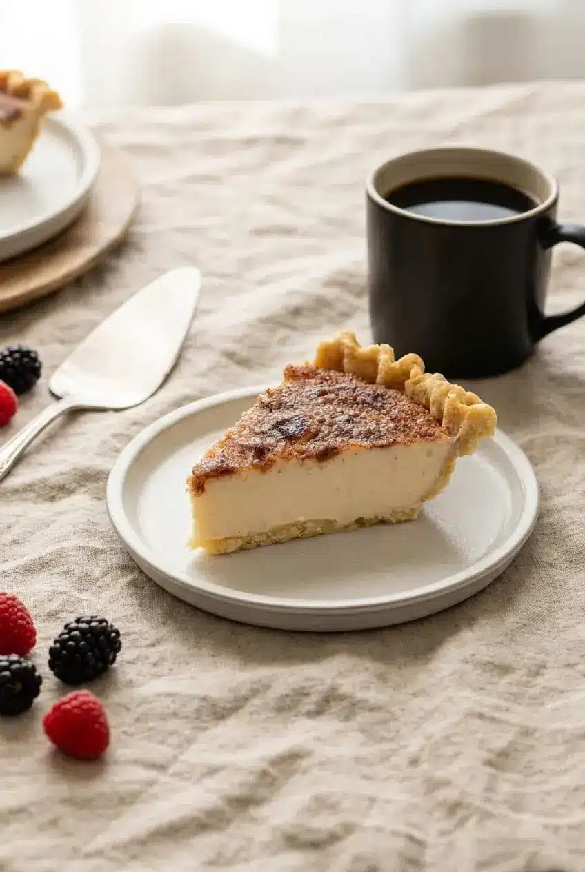 Chilled sugar cream pie on a linen table with one slice plated beside black coffee and fresh tart berries.