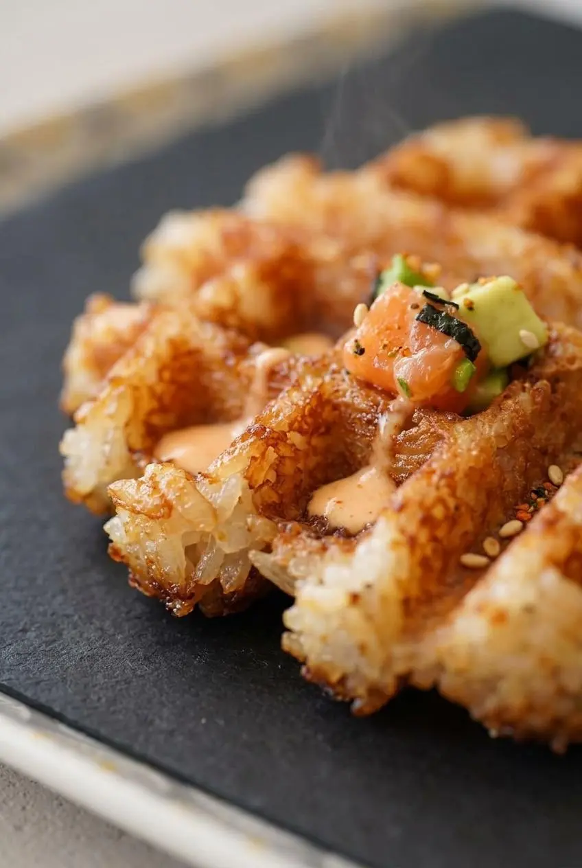 Macro view of caramelized amber edges and crunchy grooves on a pressed sushi rice waffle.