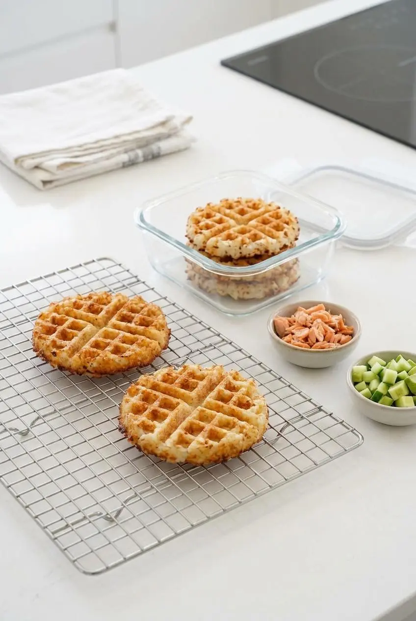 Untopped golden sushi rice waffle bases cooling on a wire rack next to prep bowls of toppings.