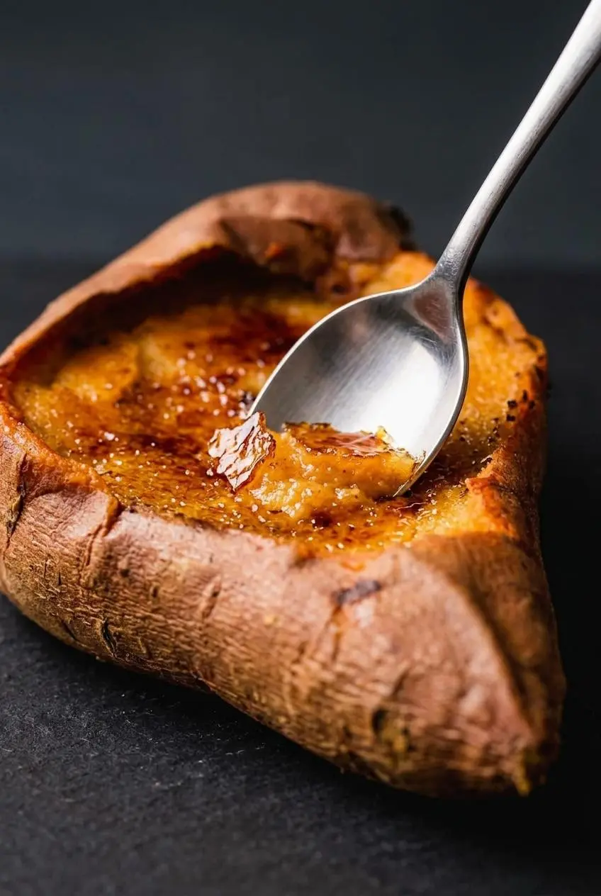 Metal spoon cracking the amber sugar crust of sweet potato creme brulee to reveal silky orange custard