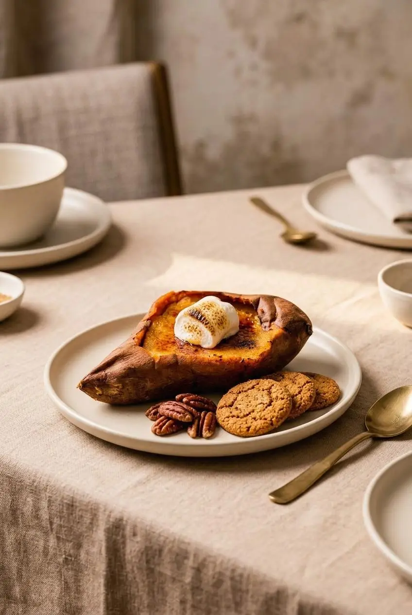 Torched sweet potato creme brulee topped with a toasted marshmallow alongside ginger snaps and pecans