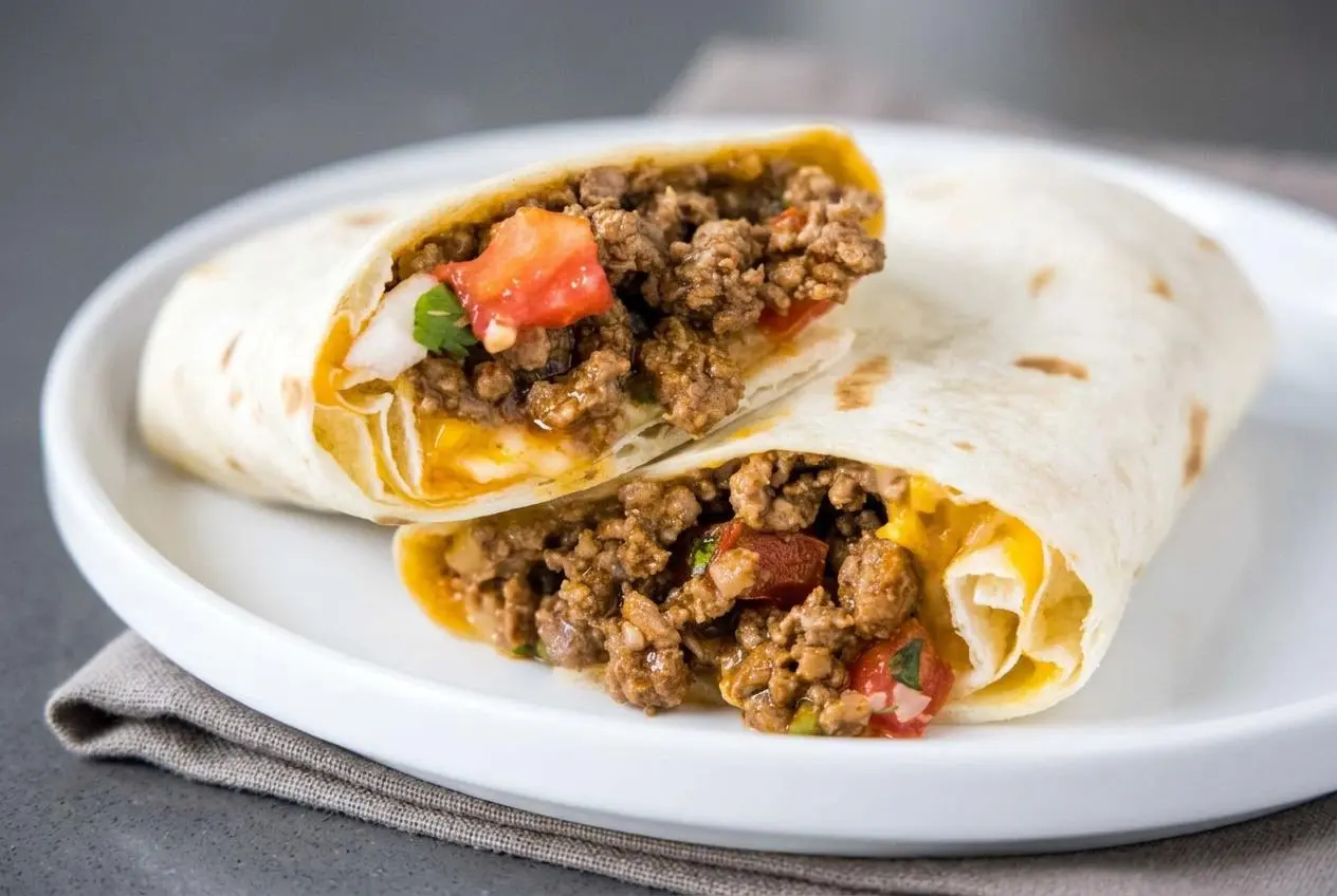 Taco bell meximelt recipe in a soft steamed flour tortilla filled with gooey melted cheese, seasoned beef, and pico de gallo.