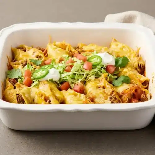 Baked taco stuffed shells filled with seasoned beef and topped with melted, bubbly cheese.