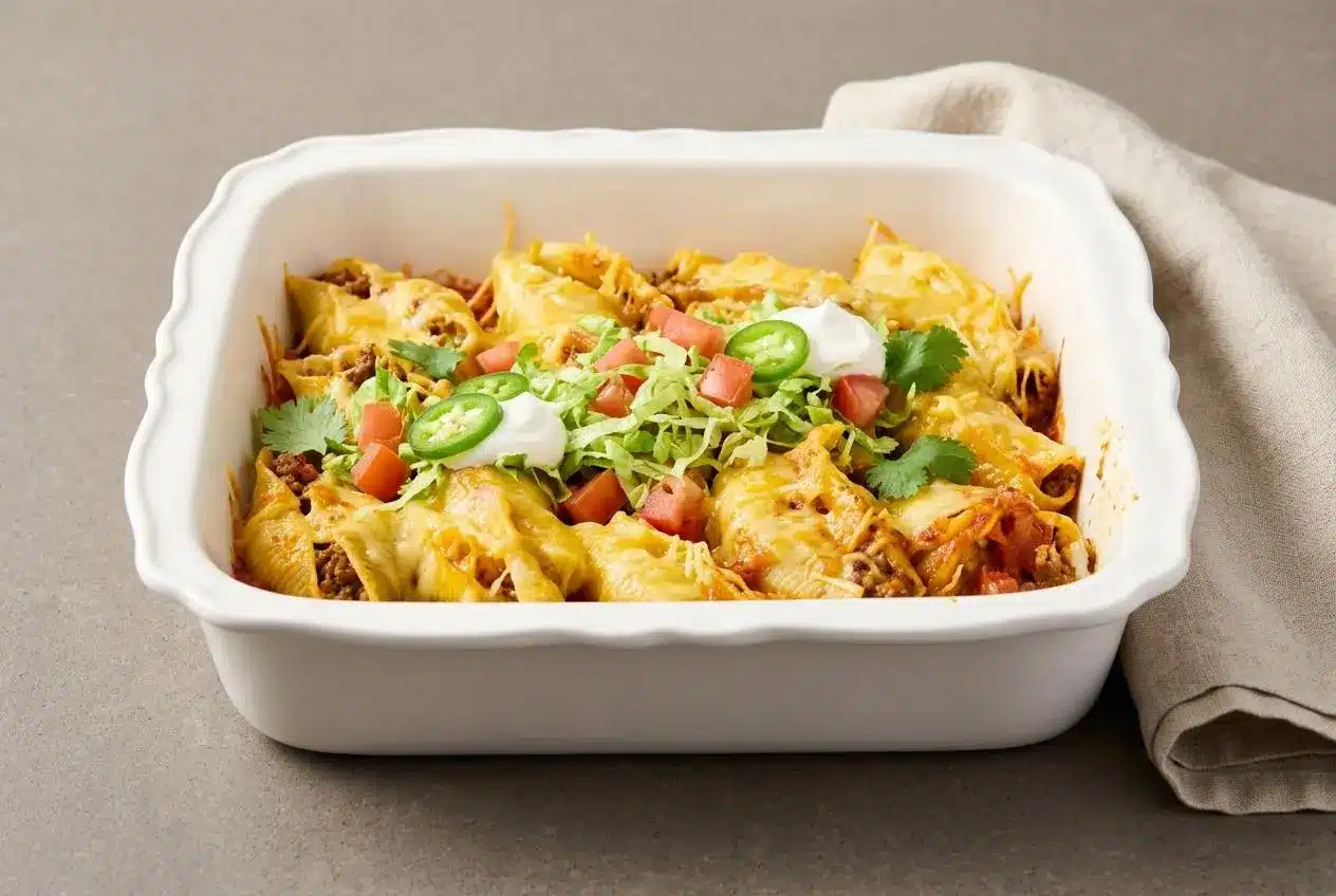 Baked taco stuffed shells filled with seasoned beef and topped with melted, bubbly cheese.