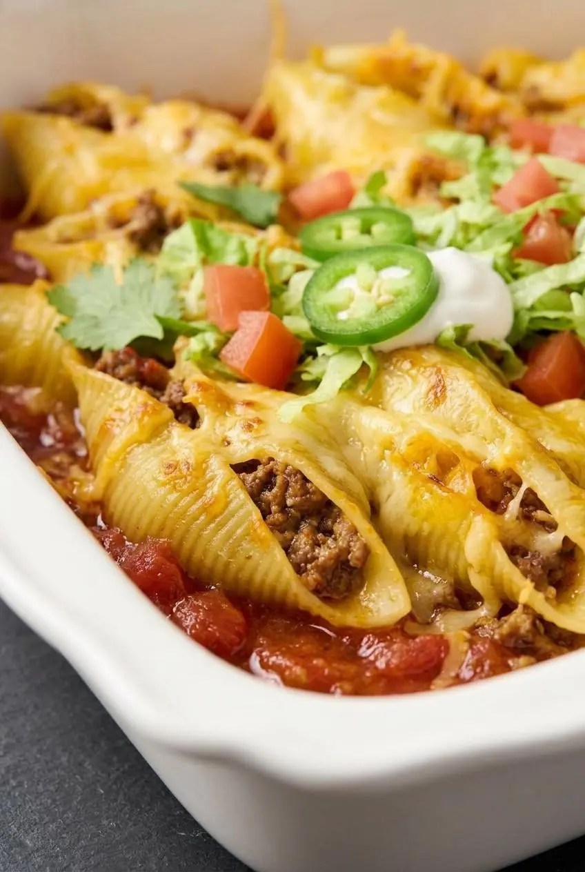 Close-up of a baked jumbo shell with creamy beef filling and melted cheese bubbling in salsa.