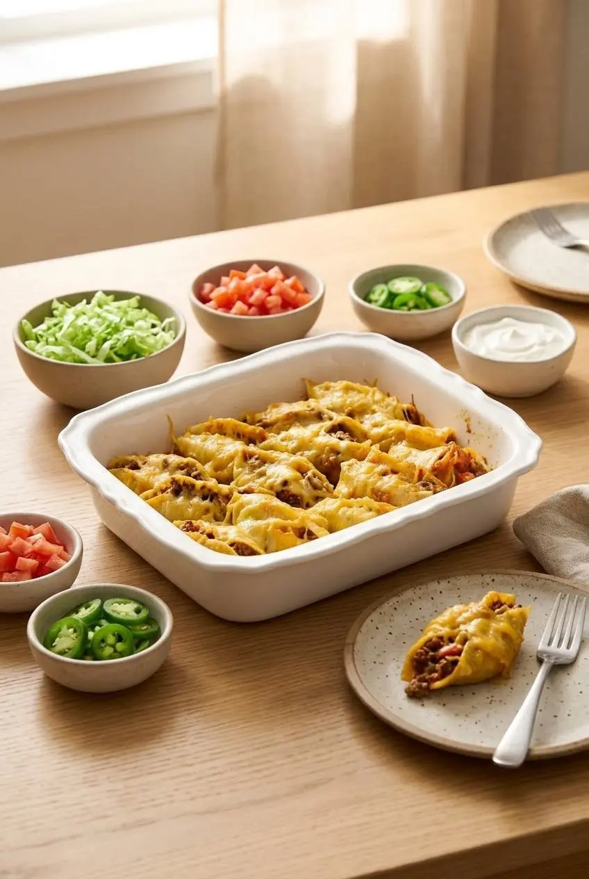 Taco stuffed shells served alongside bowls of shredded lettuce, sour cream, and fresh jalapeños.