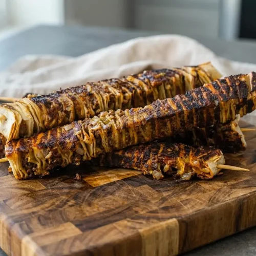 Pan-seared taco tortilla stacks on skewers with seasoned beef, melted cheese, and golden crispy tortilla edges.