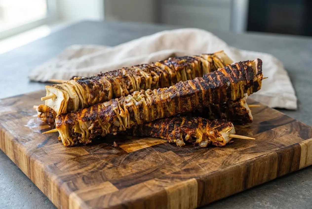 Pan-seared taco tortilla stacks on skewers with seasoned beef, melted cheese, and golden crispy tortilla edges.