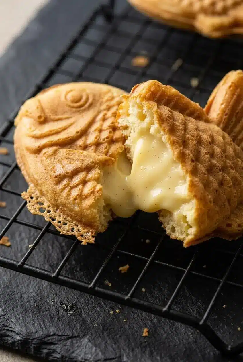 Golden taiyaki fish cake torn in half on a black wire rack showing airy crumb, crisp edges, and glossy vanilla custard.
