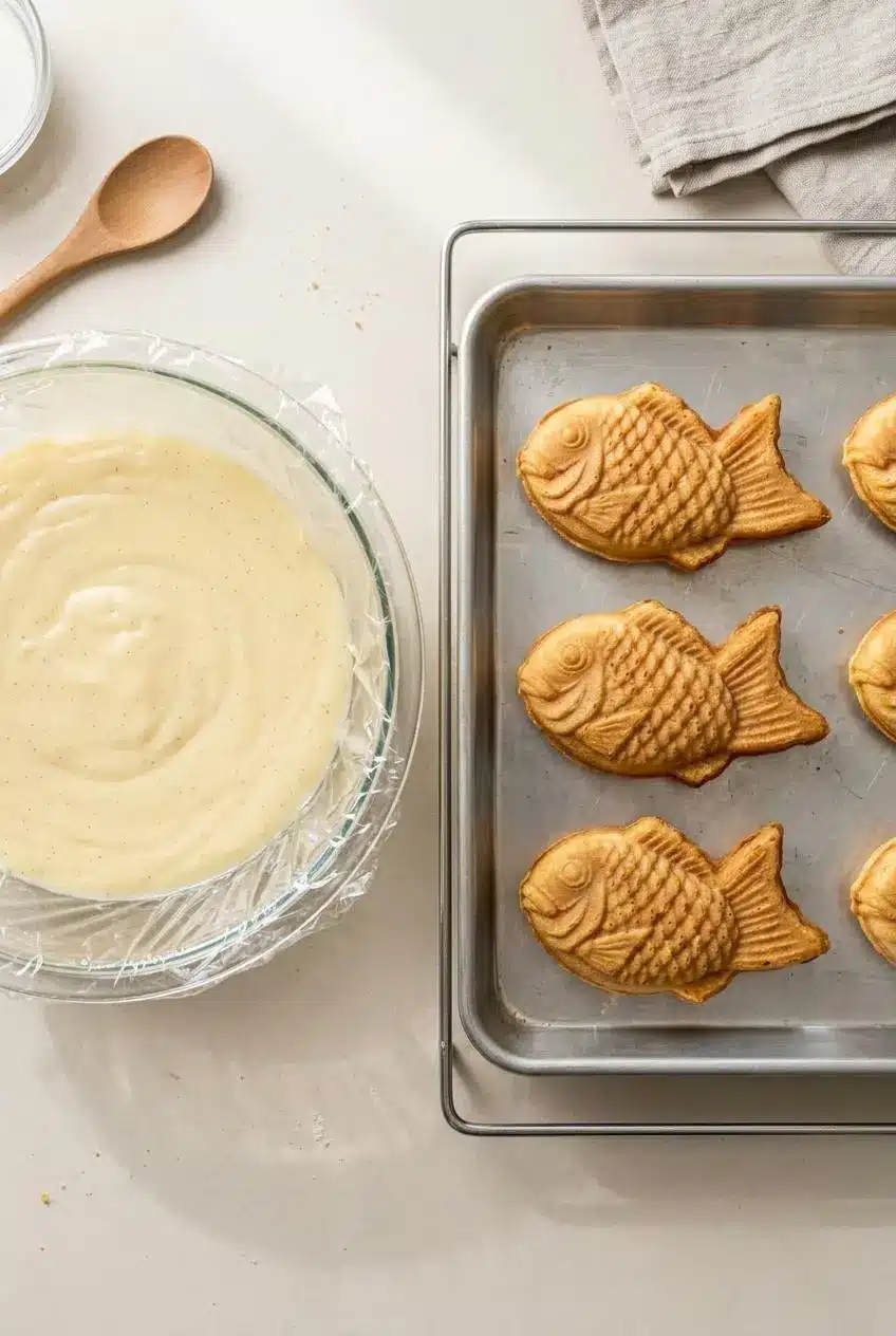 Bowl of vanilla pastry cream with plastic wrap pressed on the surface next to taiyaki fish cakes on a metal tray.