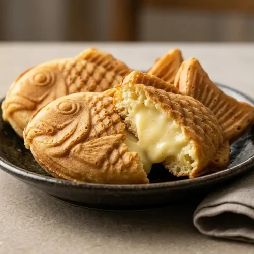 Golden fish-shaped Japanese cakes from this taiyaki recipe with crisp waffle shells and creamy vanilla custard filling.