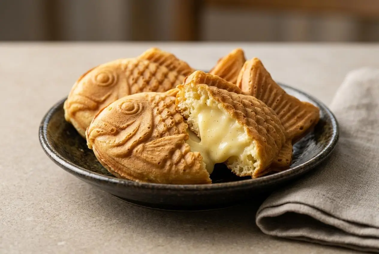 Golden fish-shaped Japanese cakes from this taiyaki recipe with crisp waffle shells and creamy vanilla custard filling.