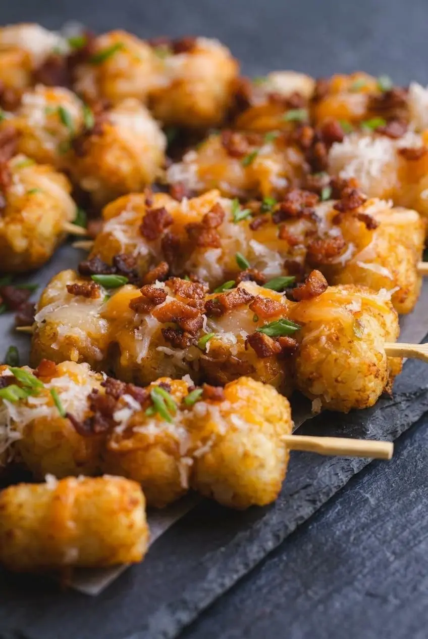 Close-up of golden tater tots on wooden skewers covered in melted cheddar and mozzarella cheese, crispy bacon, and green onion