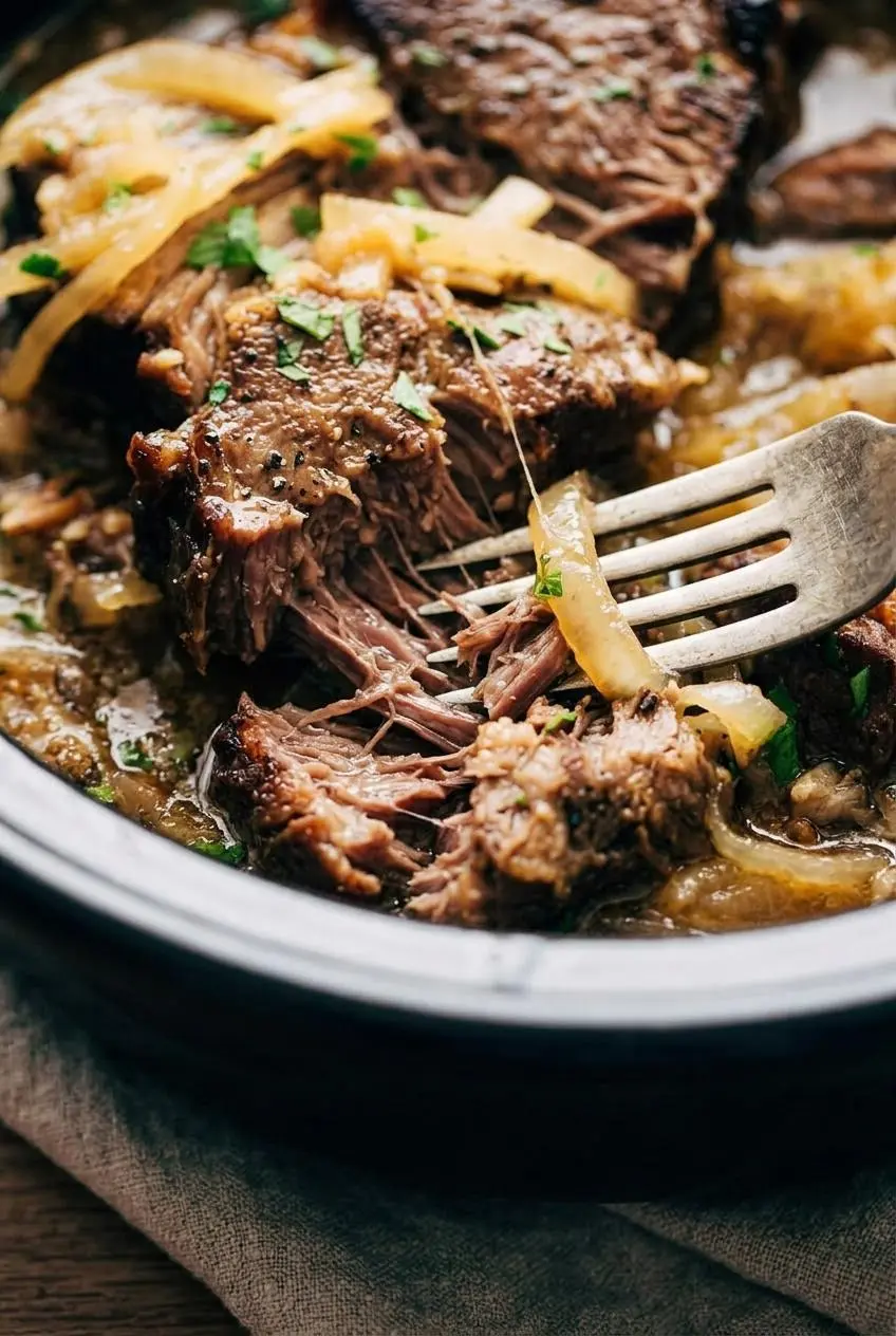 Fork pulling apart tender braised pot roast beef fibers coated in glossy French onion gravy.