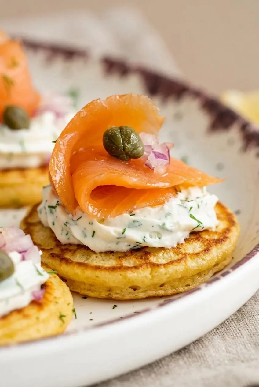 Close-up of a tender golden blini showing airy crumb texture beneath folded smoked salmon and crème fraîche.