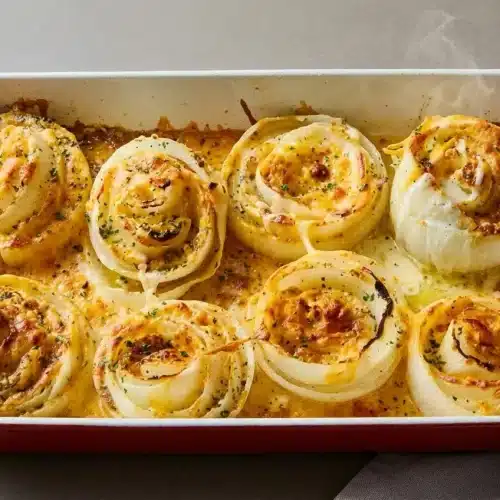 Baked Tennessee onions casserole with sweet Vidalia rings and bubbly golden melted cheese.