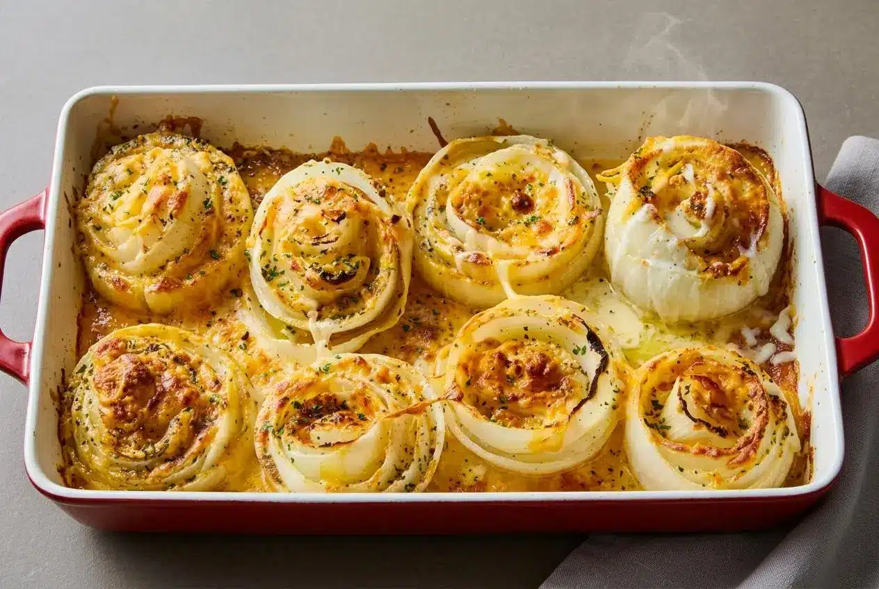 Baked Tennessee onions casserole with sweet Vidalia rings and bubbly golden melted cheese.