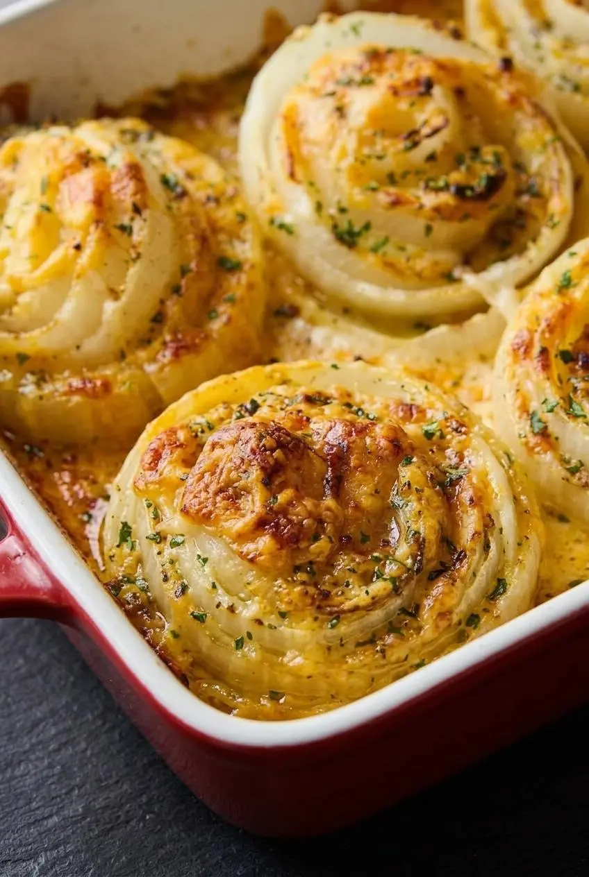 Close-up of baked sweet onion rings under a bubbly crust of melted cheddar, mozzarella, and parmesan.