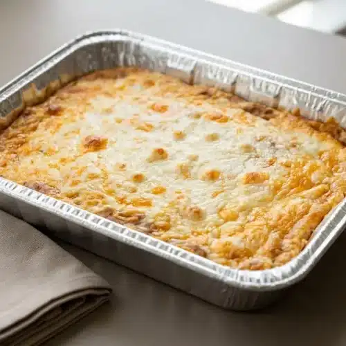Baked texas trash dip with bubbly melted cheddar and golden Monterey Jack cheese edges.