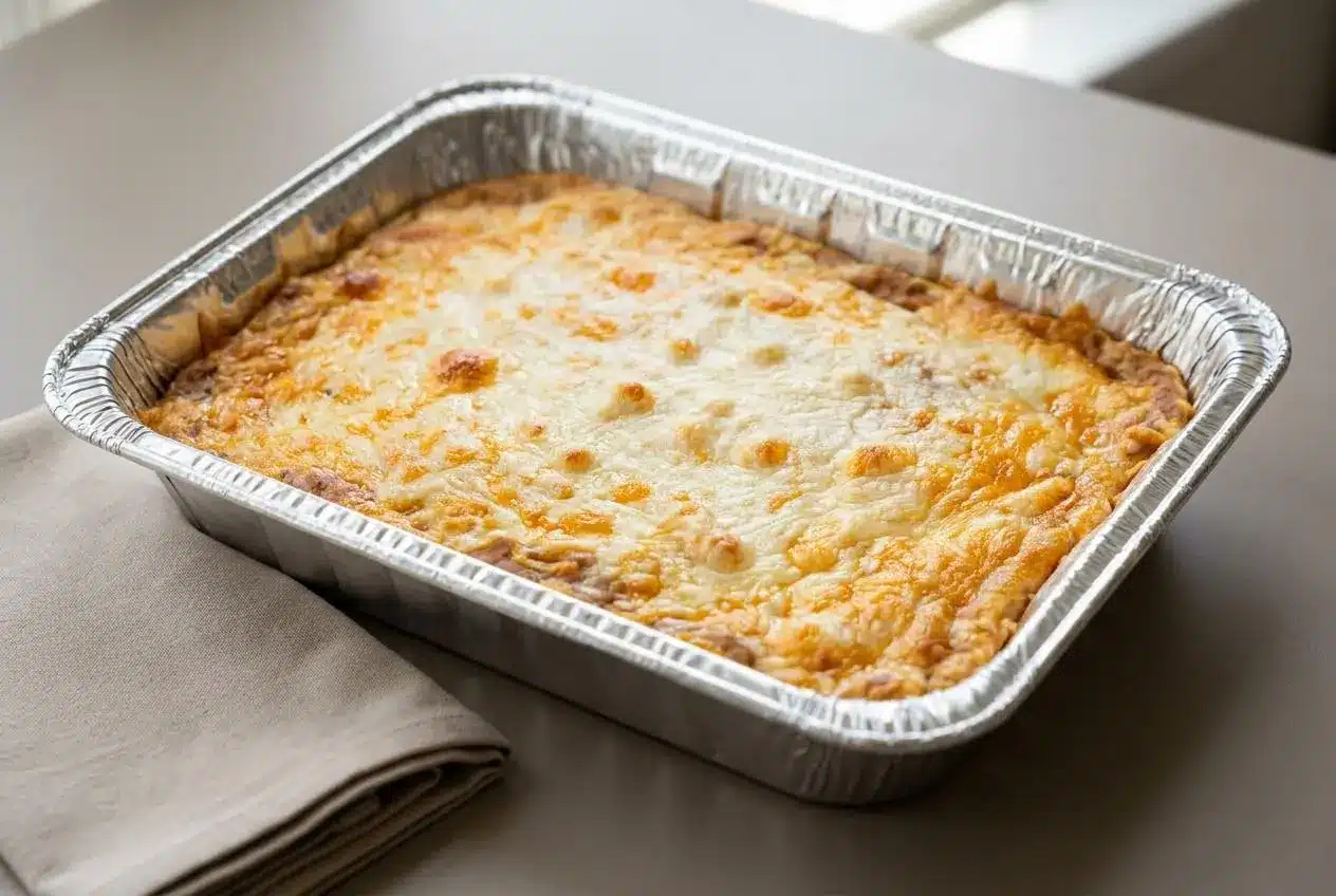 Baked texas trash dip with bubbly melted cheddar and golden Monterey Jack cheese edges.