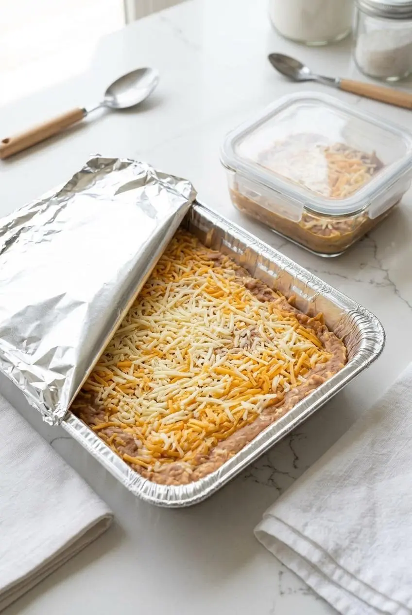 Assembled unbaked dip in foil pan next to an airtight glass storage container.