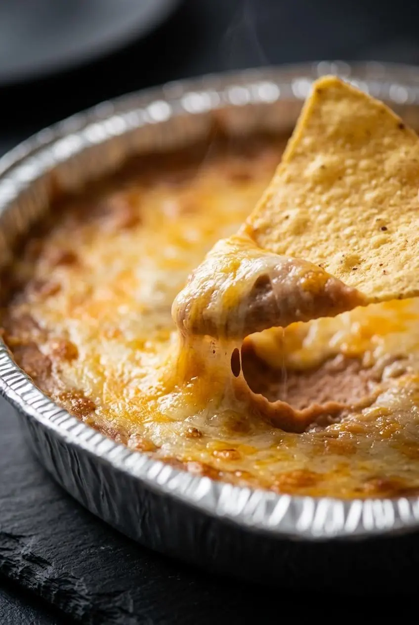 Tortilla chip dipping into smooth refried bean dip beneath melted cheese.