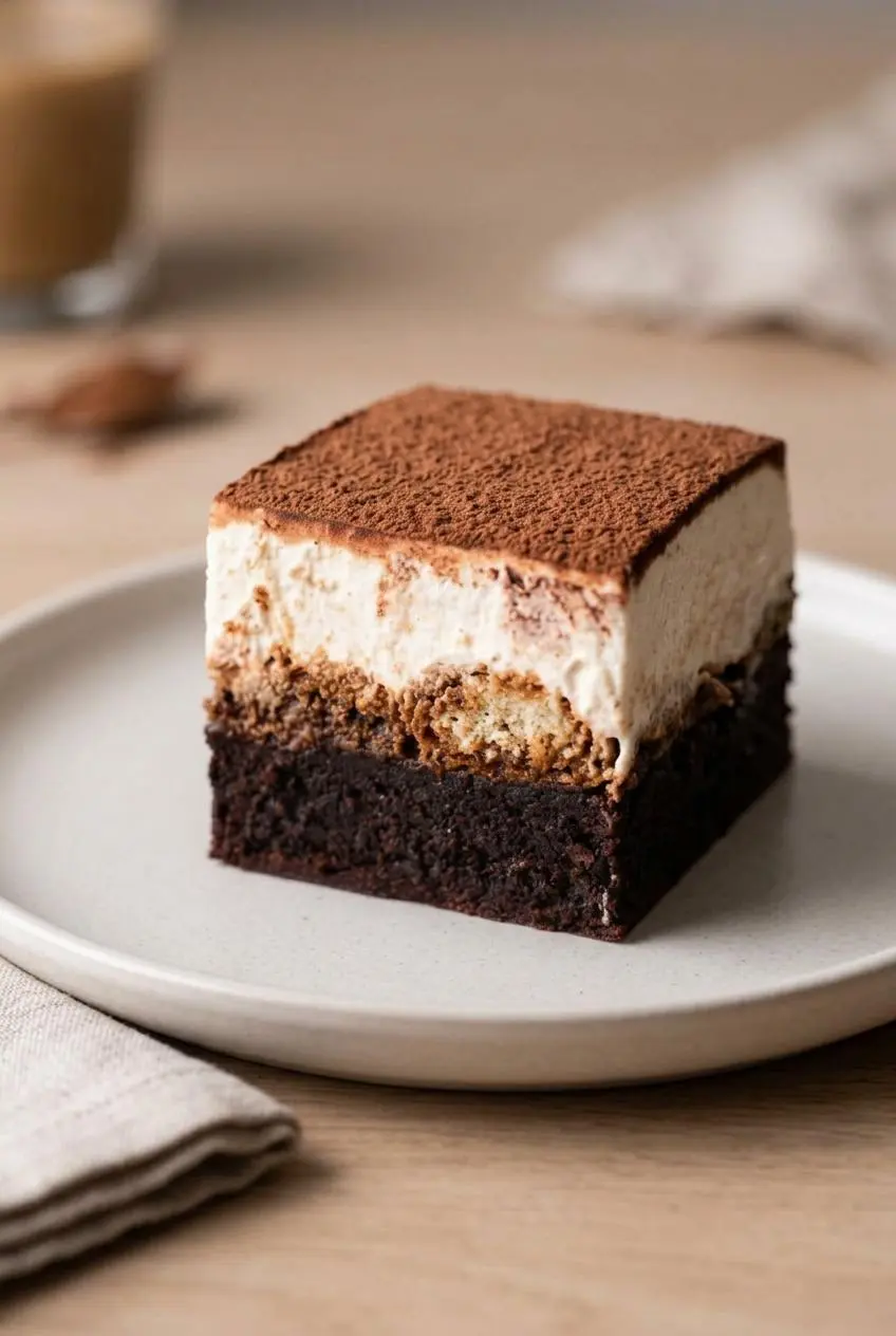 Close-up cross section of a tiramisu brownie showing the fudgy base, soaked biscuit, and whipped cream.