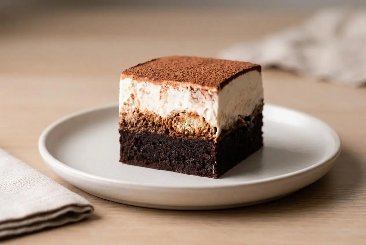 Fudgy tiramisu brownies layered with coffee-soaked ladyfingers and velvety mascarpone cream.