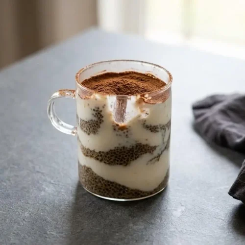 Chilled tiramisu chia pudding layered in glass jars with creamy Greek yogurt and a velvety cocoa powder dusting