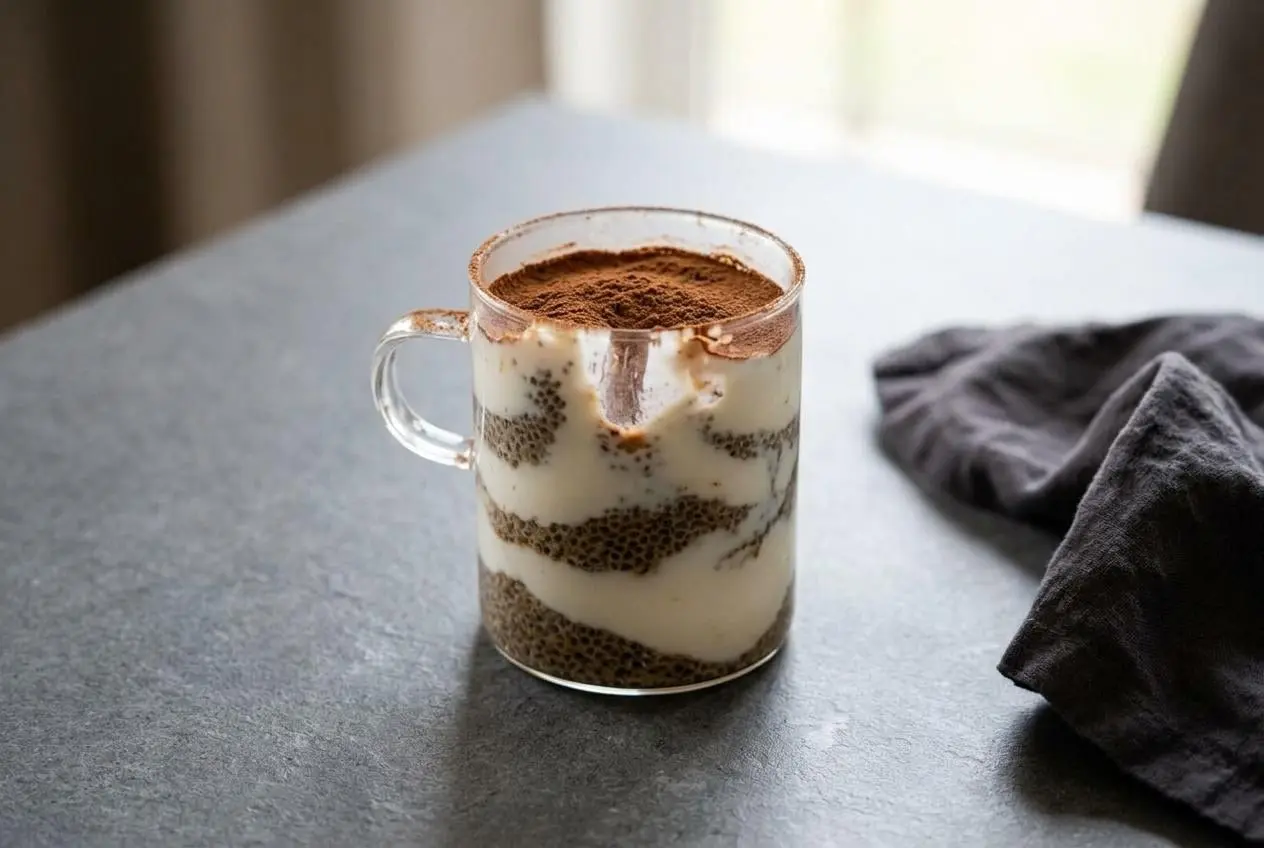 Chilled tiramisu chia pudding layered in glass jars with creamy Greek yogurt and a velvety cocoa powder dusting