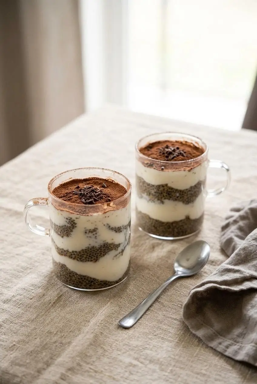 Two glass cups of tiramisu chia pudding topped with creamy yogurt, cocoa dusting, and dark chocolate shavings