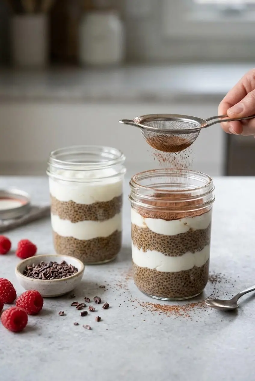 Meal prep glass jars of coffee chia pudding and Greek yogurt with a strainer dusting cocoa near raspberries and cacao nibs