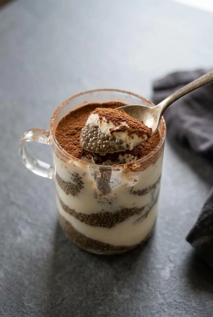 Close-up of a spoon lifting thick coffee chia pudding with creamy Greek yogurt and fine sifted cocoa powder
