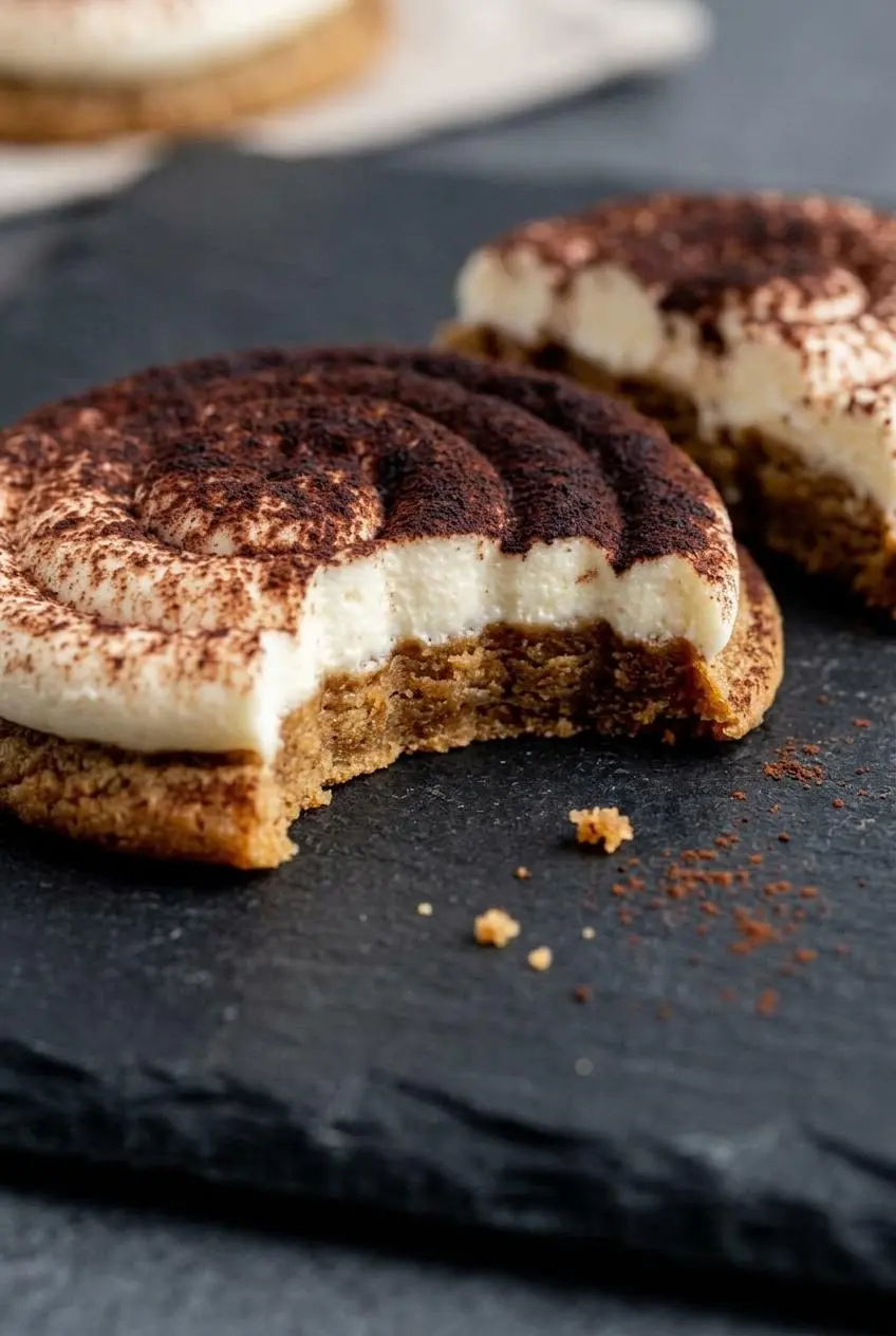Close-up of a tiramisu cookie broken in half showing the soft espresso crumb and smooth mascarpone cream swirl