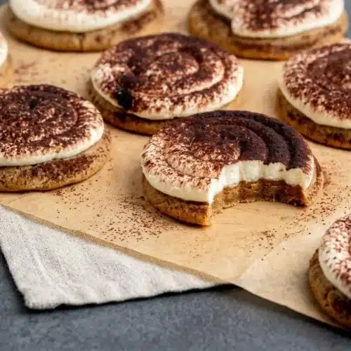 Soft tiramisu cookies topped with a velvety mascarpone cream swirl and a light dusting of cocoa powder
