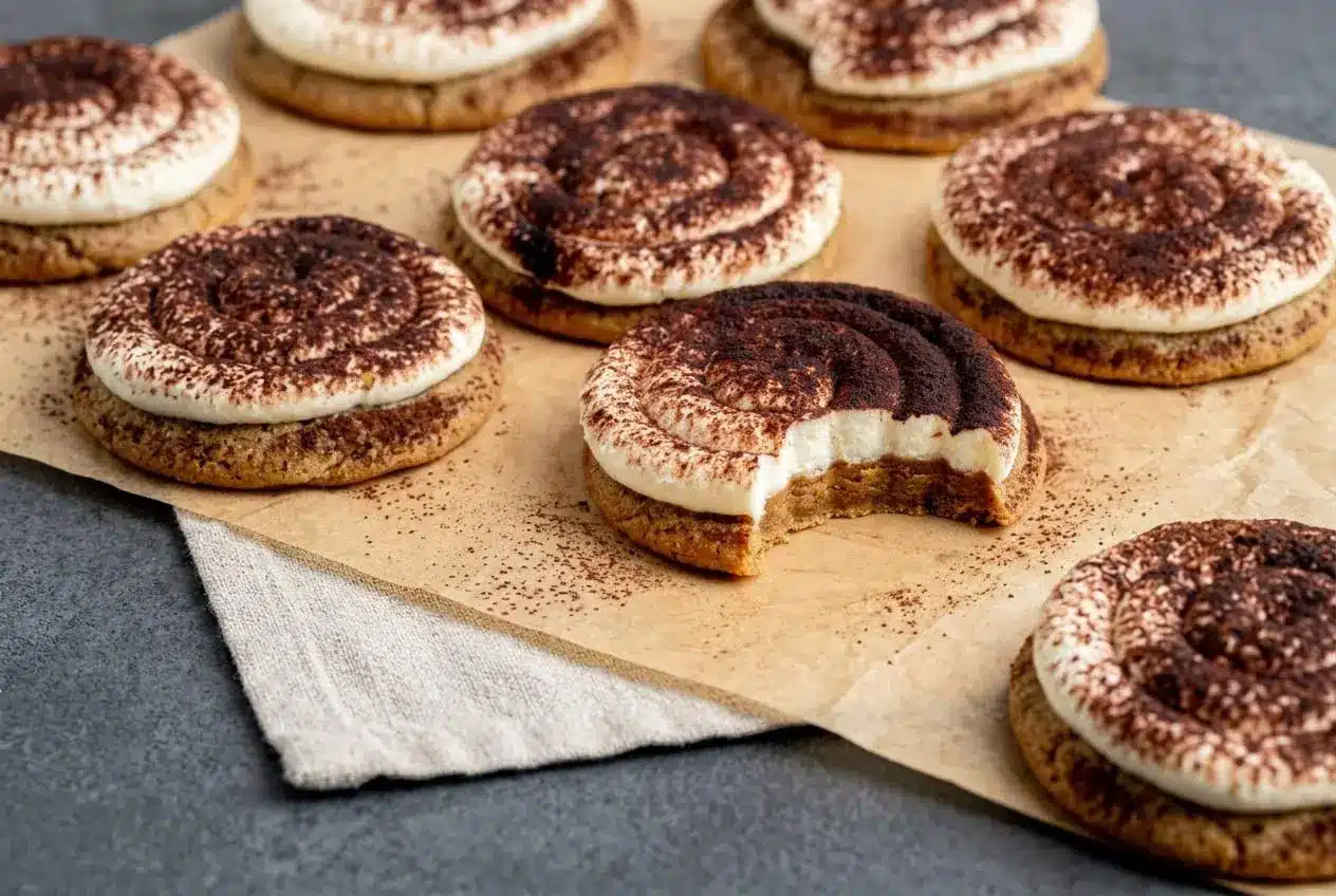 Soft tiramisu cookies topped with a velvety mascarpone cream swirl and a light dusting of cocoa powder