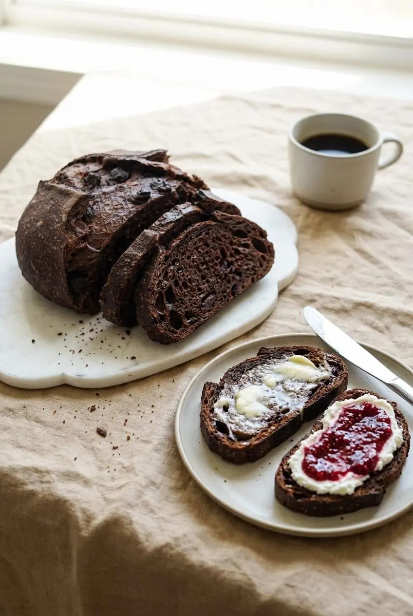 Toasted chocolate sourdough slices topped with salted butter, whipped ricotta, and raspberry jam beside black coffee.