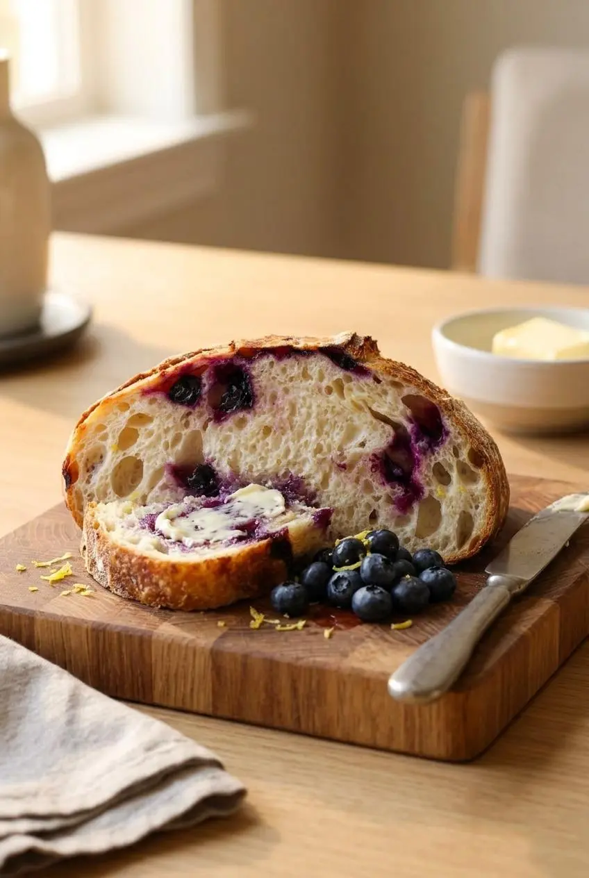 Toasted thick slices of lemon blueberry sourdough bread topped with creamy whipped salted butter