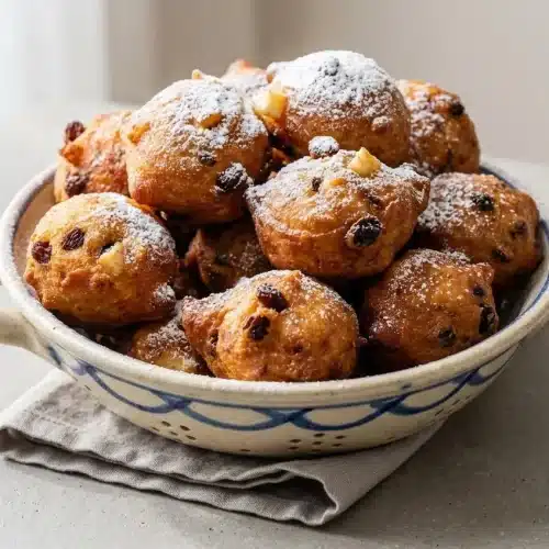 Golden brown Oliebollen dusted generously with powdered sugar on a platter.