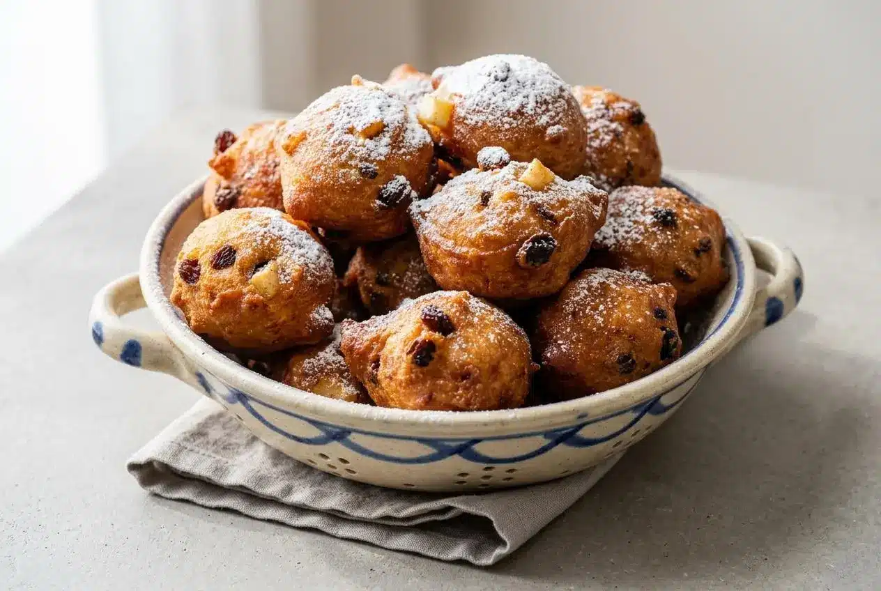 Golden brown Oliebollen dusted generously with powdered sugar on a platter.