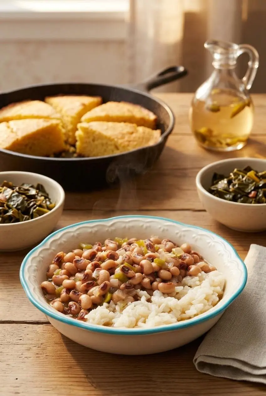 Hoppin’ John served with skillet cornbread, braised collard greens, and pepper vinegar.