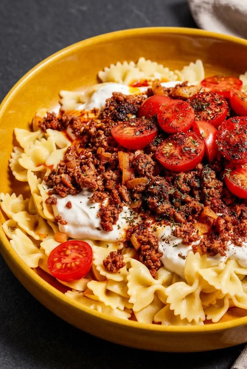 Macro view of creamy garlic yogurt, spiced beef crumbles, and red chili butter over farfalle pasta.
