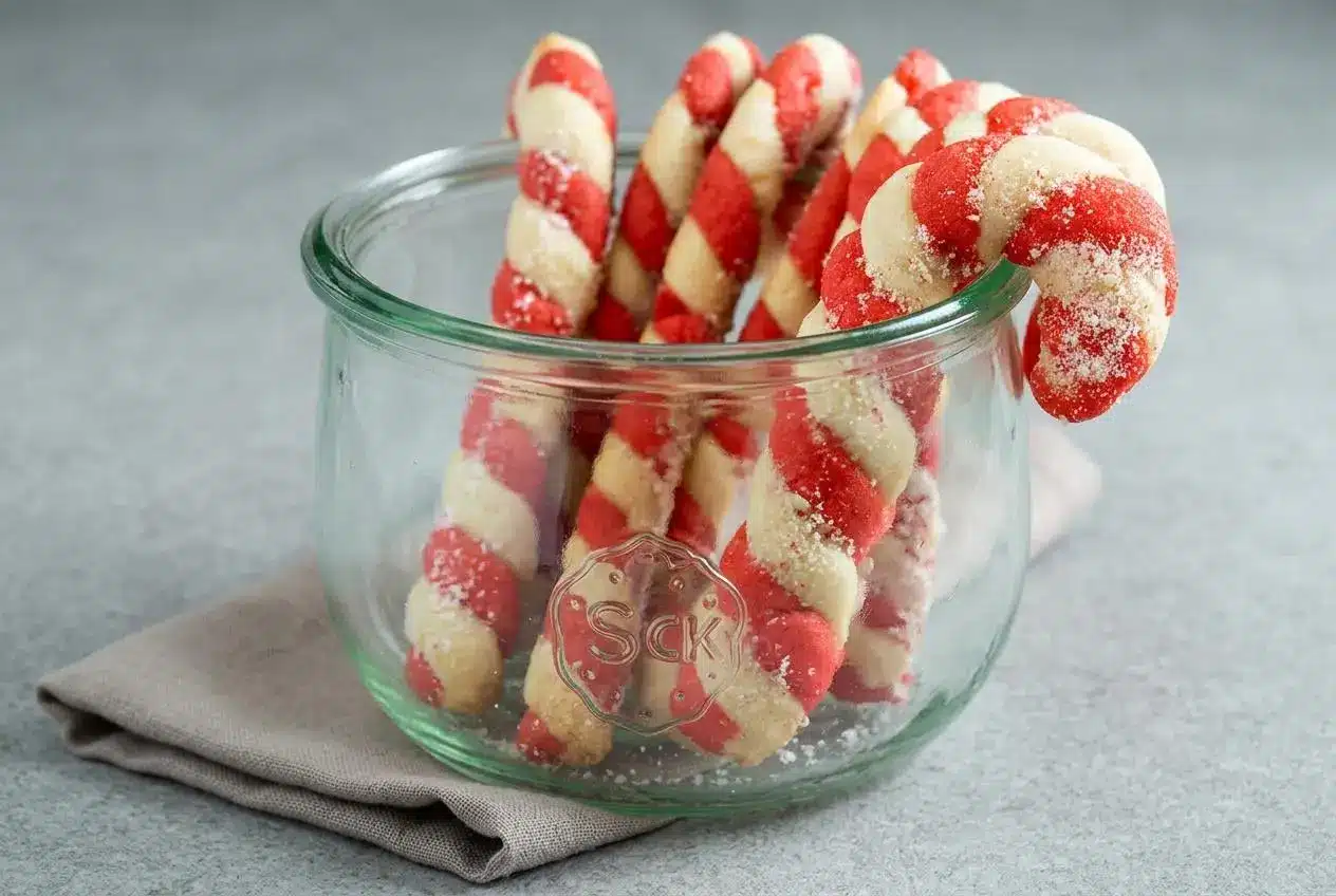 Baked red and white twisted candy cane cookies topped with sparkling crushed peppermint sugar.