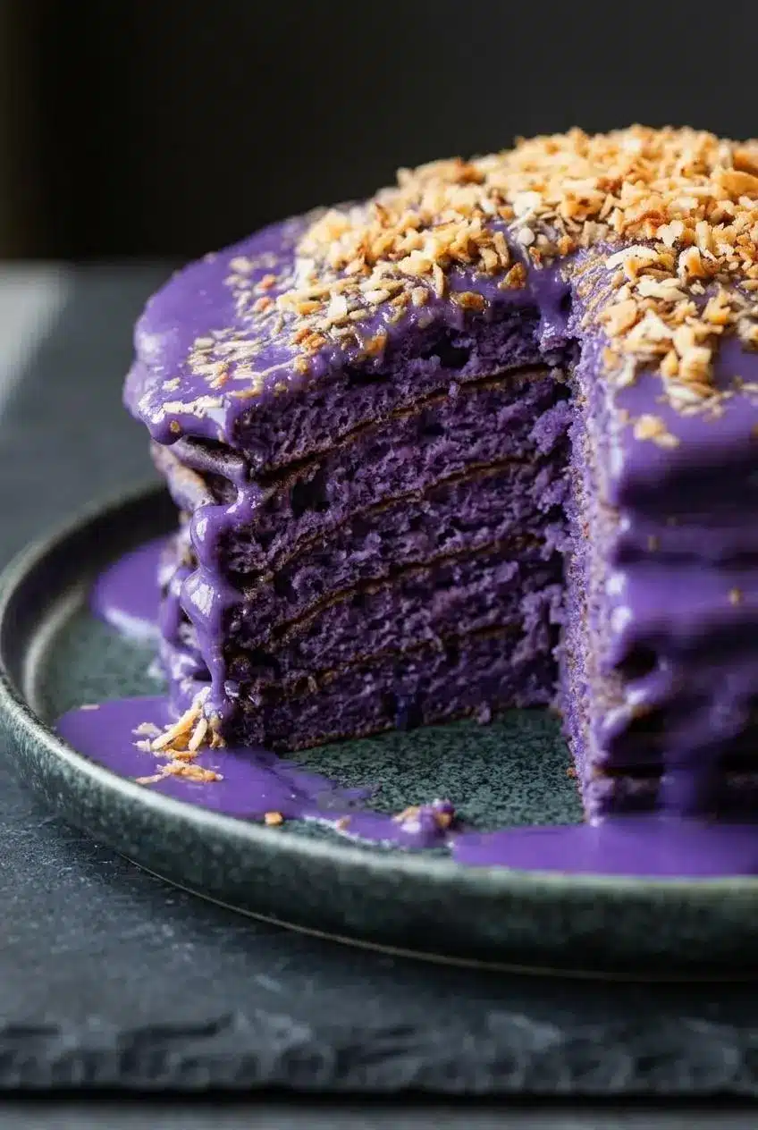 Cut stack of purple ube pancakes showing an airy interior crumb, glossy coconut-ube sauce, and toasted coconut.