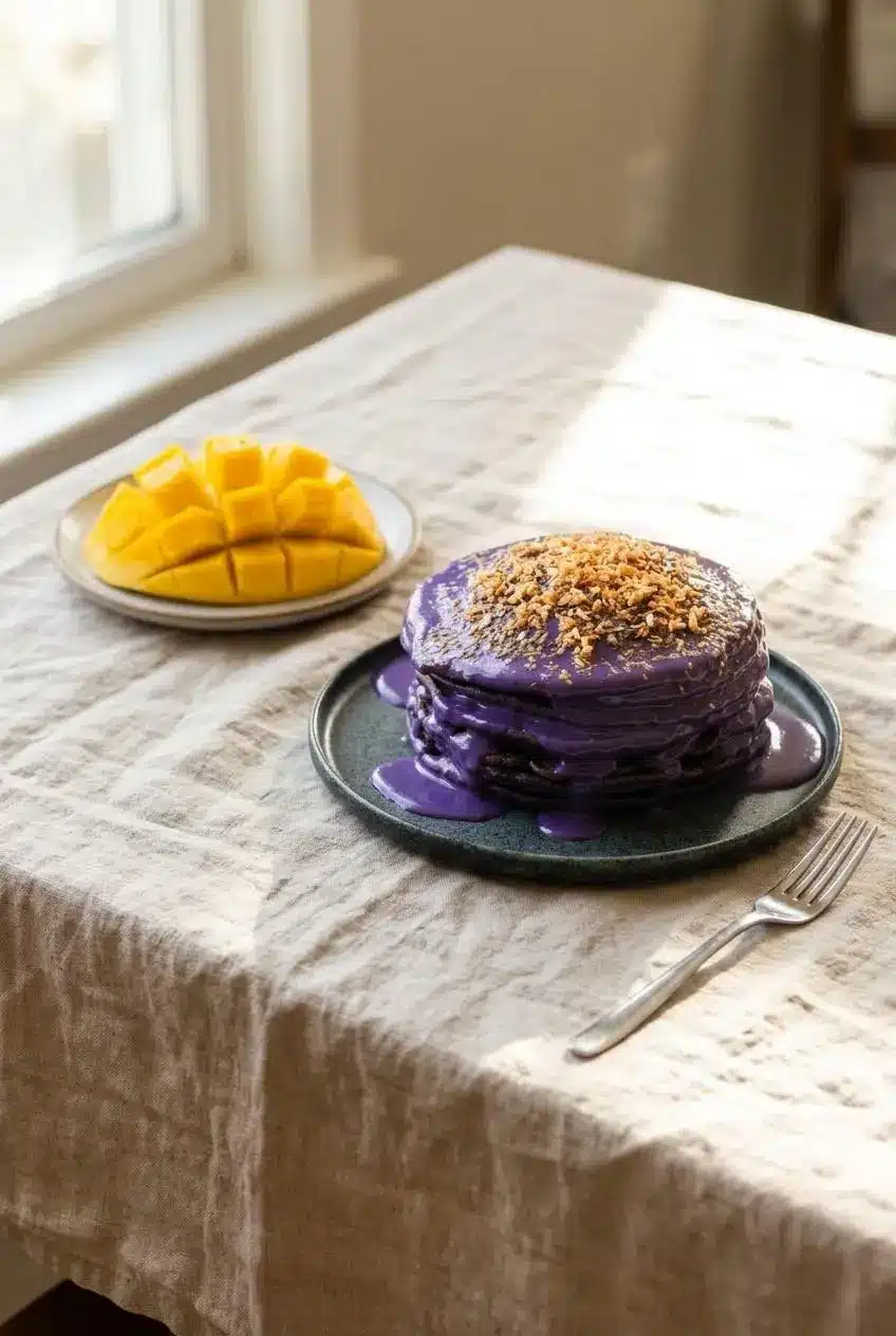 Plate of purple ube pancakes topped with coconut sauce and toasted coconut alongside fresh yellow mango slices.